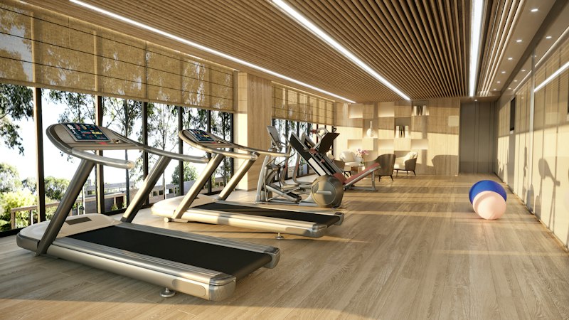 Modern fitness space with equipment and natural light